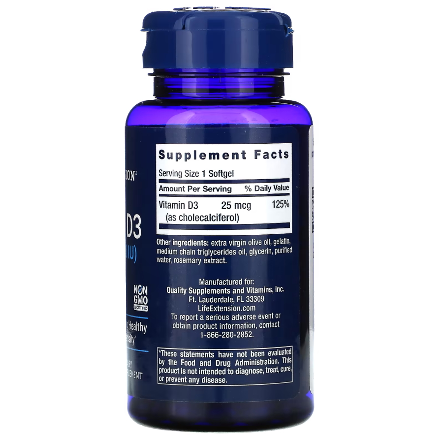 Витамины и минералы Life Extension Vitamin D3 1000 IU, 250 капсул. Фото 2