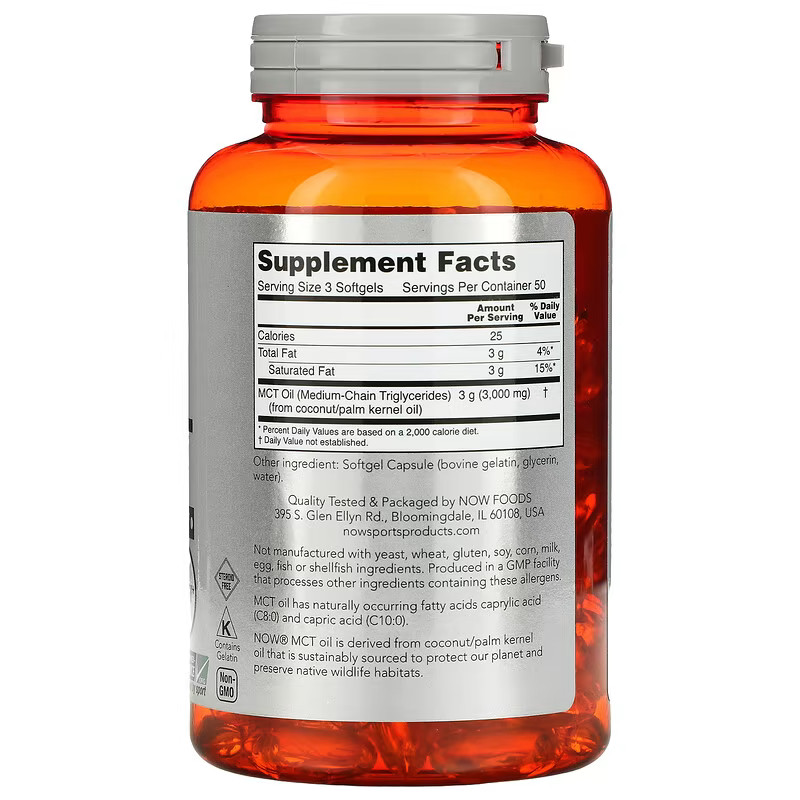 Передтренувальний комплекс NOW Sports MCT Oil 1000 mg, 150 капсул. Фото 2