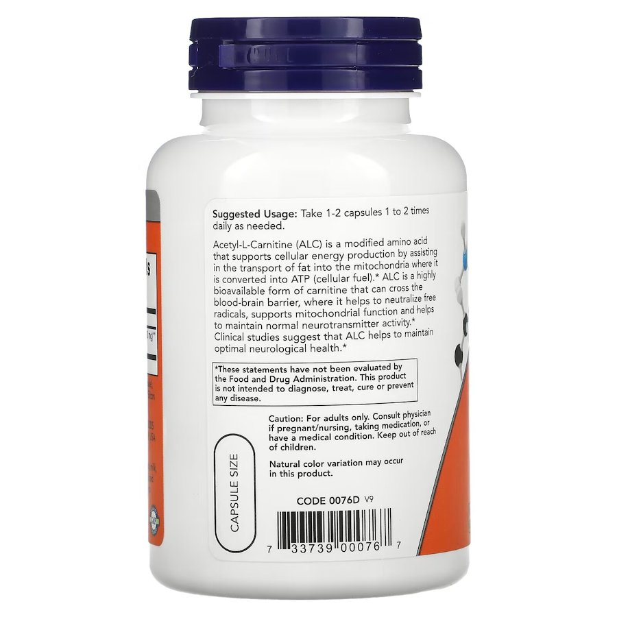 Жироспалювач NOW Acetyl-L-Carnitine 500 mg, 100 вегакапсул. Фото 3