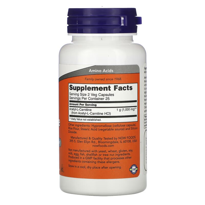 Жироспалювач NOW Acetyl-L-Carnitine 500 mg, 50 вегакапсул. Фото 2