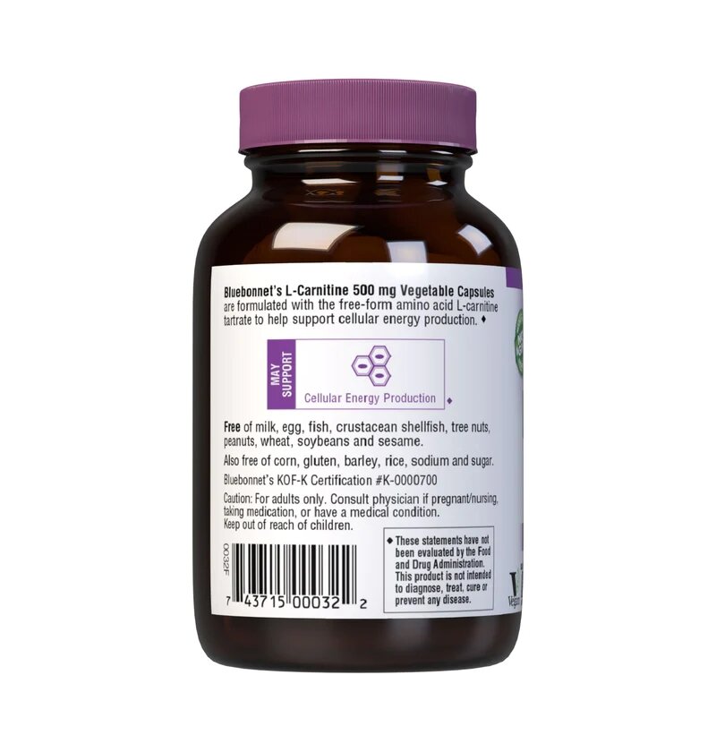Жиросжигатель Bluebonnet Nutrition L-Carnitine 500 mg, 30 вегакапсул. Фото 3
