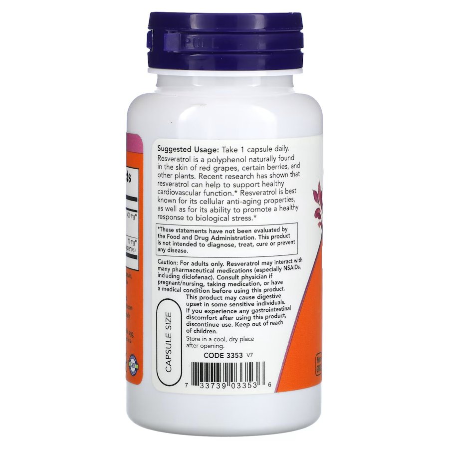 Натуральна добавка NOW Resveratrol 200 mg, 60 вегакапсул. Фото 3