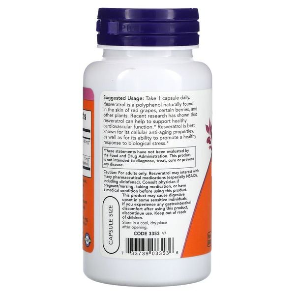 Натуральна добавка NOW Resveratrol 200 mg, 60 вегакапсул. Фото 3