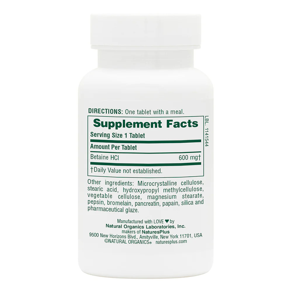 Натуральна добавка Natures Plus Betaine Hydrochloride 600 mg, 90 таблеток. Фото 2
