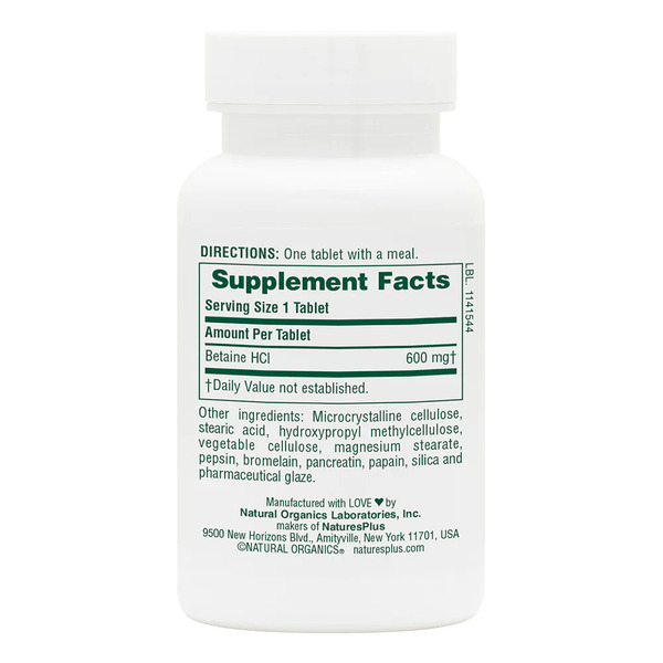Натуральна добавка Natures Plus Betaine Hydrochloride 600 mg, 90 таблеток. Фото 2
