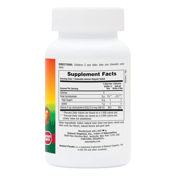 Вітамін D3 для дітей Natures Plus Animal Parade Vitamin D3 500 IU Sugar-Free, 90 жувальних таблеток. Фото 2