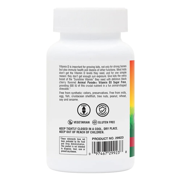 Вітамін D3 для дітей Natures Plus Animal Parade Vitamin D3 500 IU Sugar-Free, 90 жувальних таблеток. Фото 3