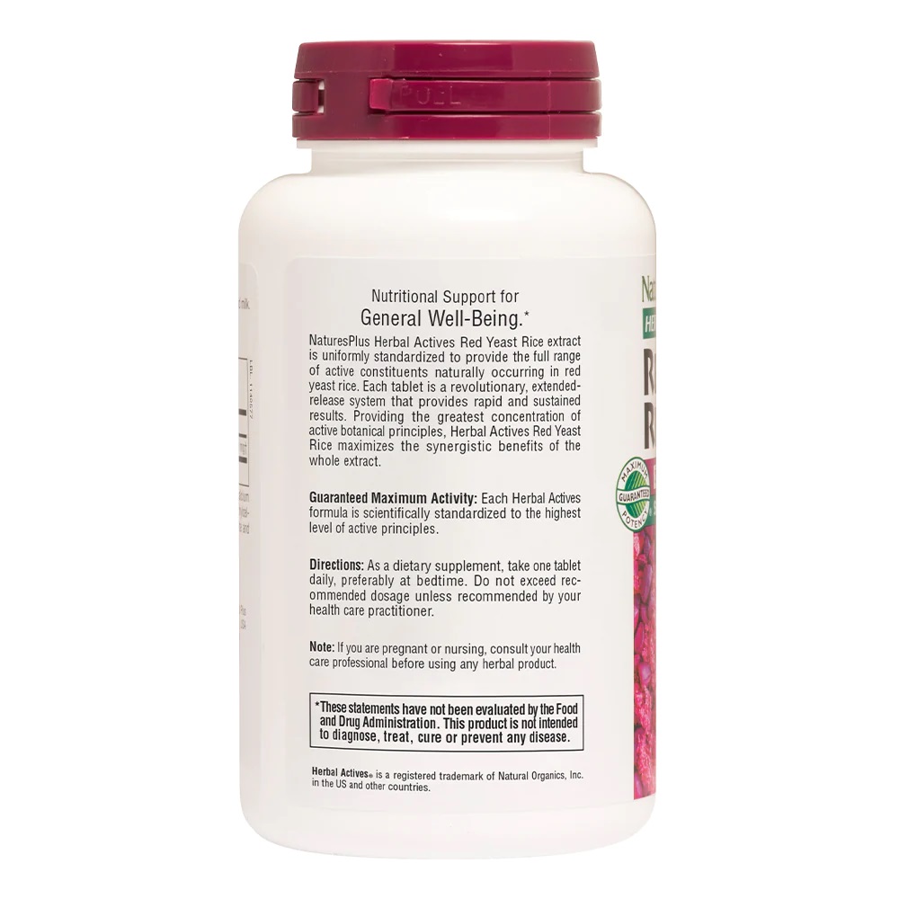Натуральна добавка Natures Plus Herbal Actives Red Yeast Rice 600 mg, 60 таблеток. Фото 3