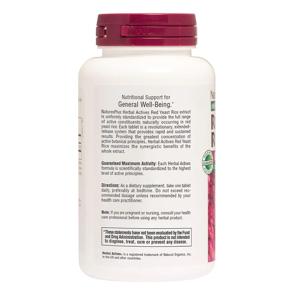 Натуральна добавка Natures Plus Herbal Actives Red Yeast Rice 600 mg, 60 таблеток. Фото 3