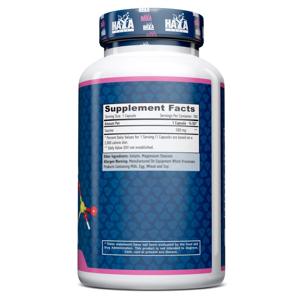 Амінокислота Haya Labs Taurine 500 mg, 100 капсул. Фото 2