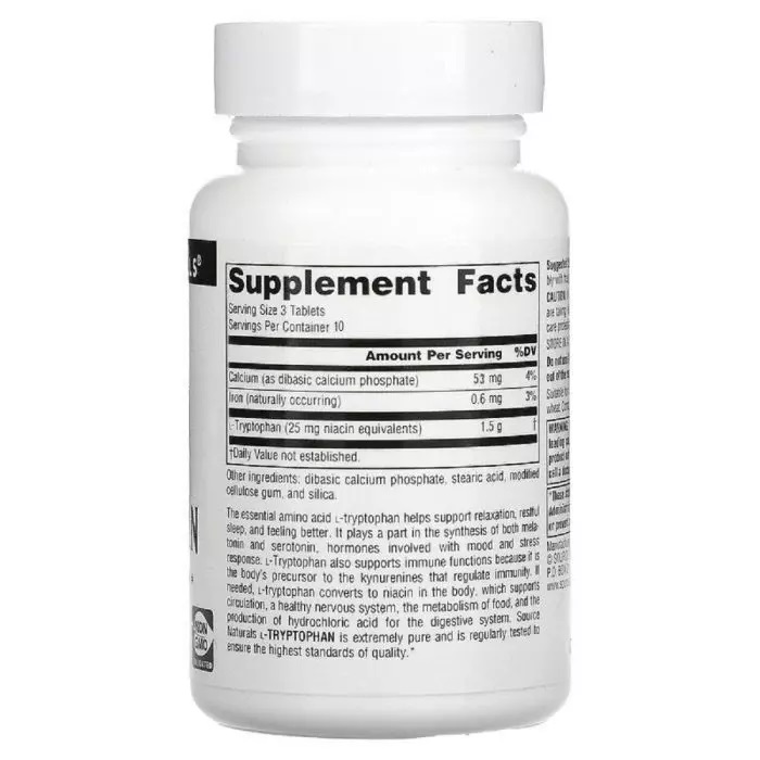 Амінокислота Source Naturals L-Tryptophan 500 mg, 30 таблеток. Фото 2