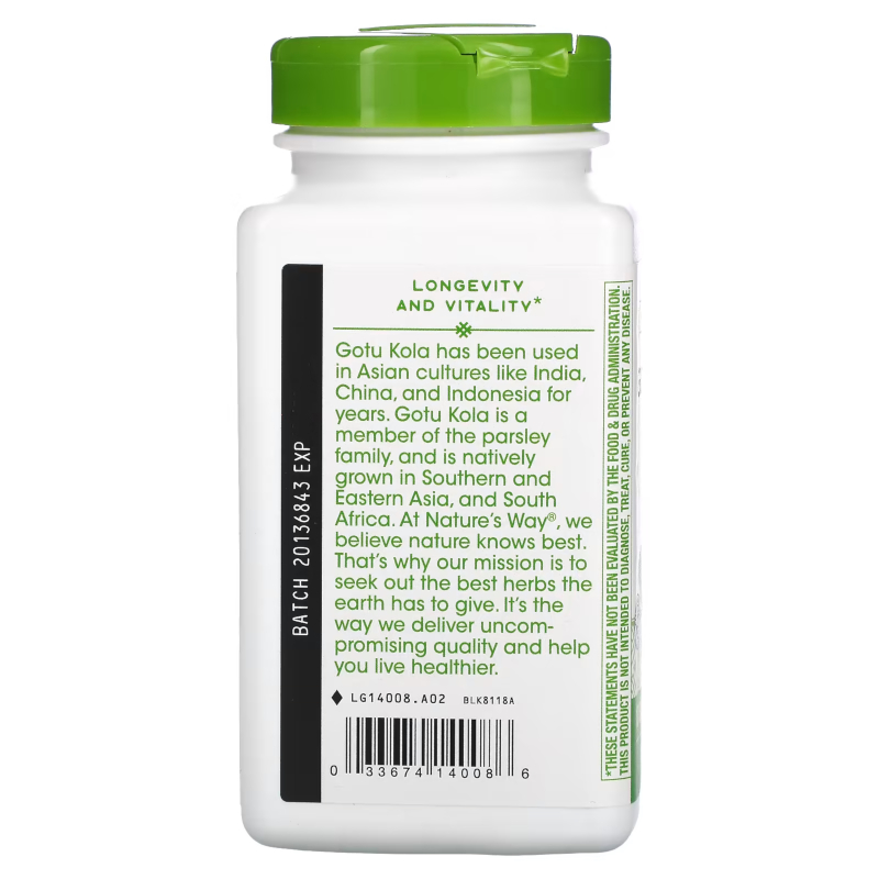 Натуральная добавка Nature's Way Gotu Kola Herb 950 mg, 180 вегакапсул. Фото 3
