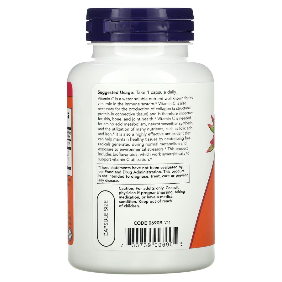 Вітаміни та мінерали NOW Vitamin C-1000 with Bioflavonoids, 100 вегакапсул. Фото 3