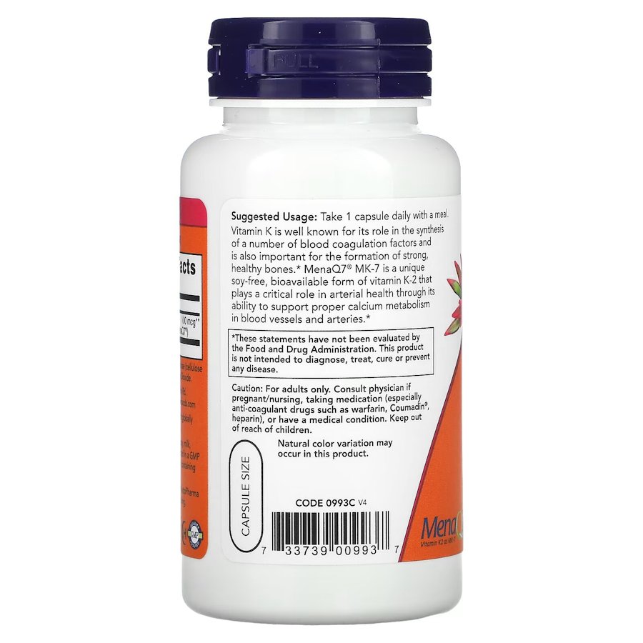 Витамины и минералы NOW Vitamin K2 (MK7) 100 mcg, 120 вегакапсул. Фото 3
