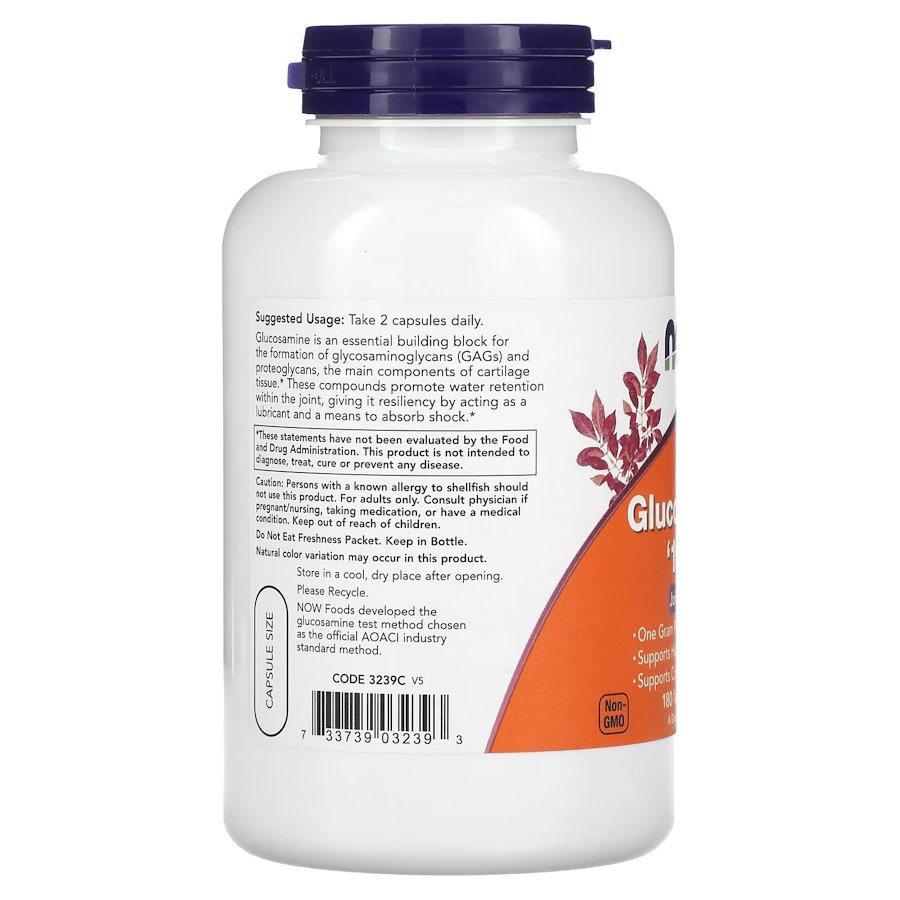 Препарат для суглобів і зв'язок NOW Glucosamine 1000 mg, 180 вегакапсул. Фото 3