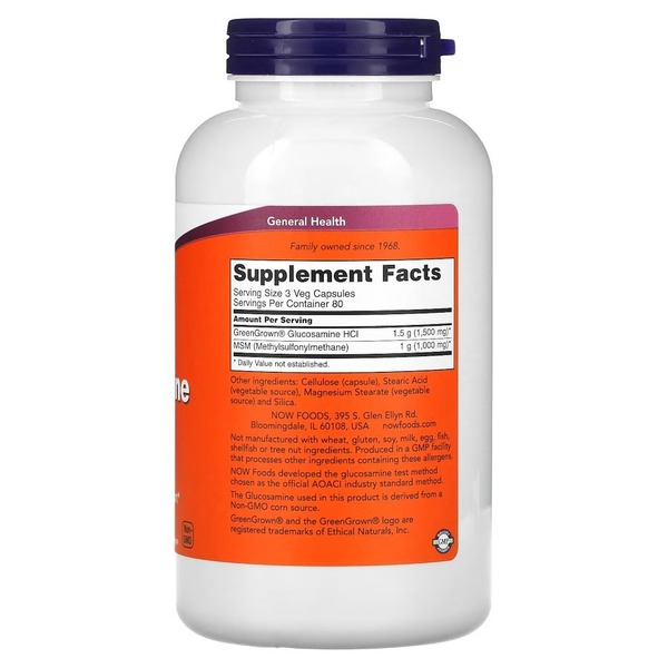 Препарат для суглобів і зв'язок NOW Vegetarian Glucosamine & MSM, 240 вегакапсул. Фото 2