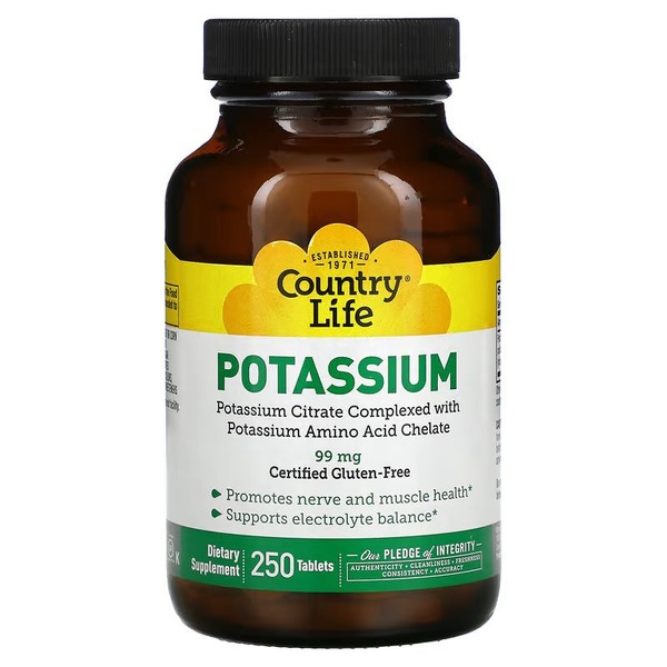 Калий цитрат Country Life Potassium 99 mg, 250 таблеток для поддержания нервов и мышц