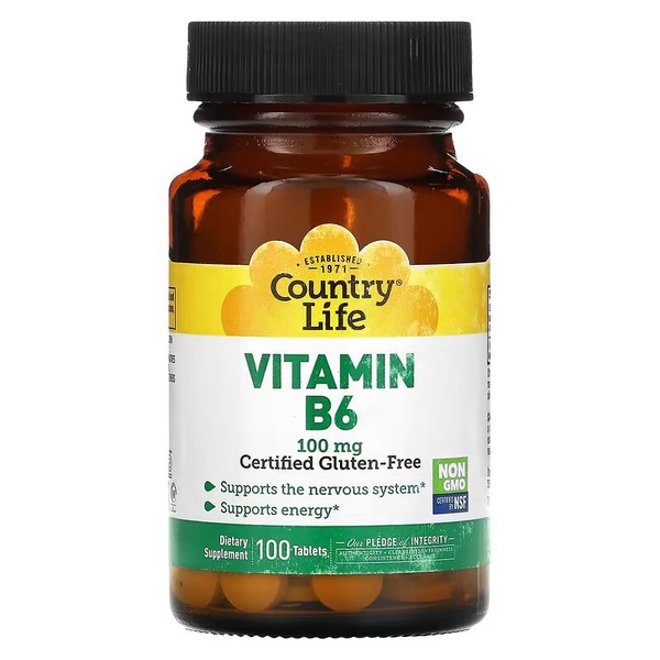 Хелатный витамин B6 Country Life Vitamin B6 100 mg, 100 таблеток для поддержания нервной системы