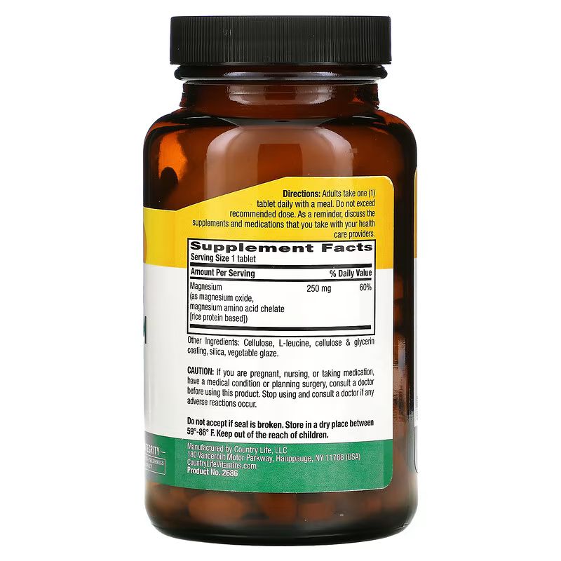 Магній у хелатній формі Country Life Chelated Magnesium 250 mg, 180 таблеток для розслаблення м'язів і здоров'я кісток. Фото 2