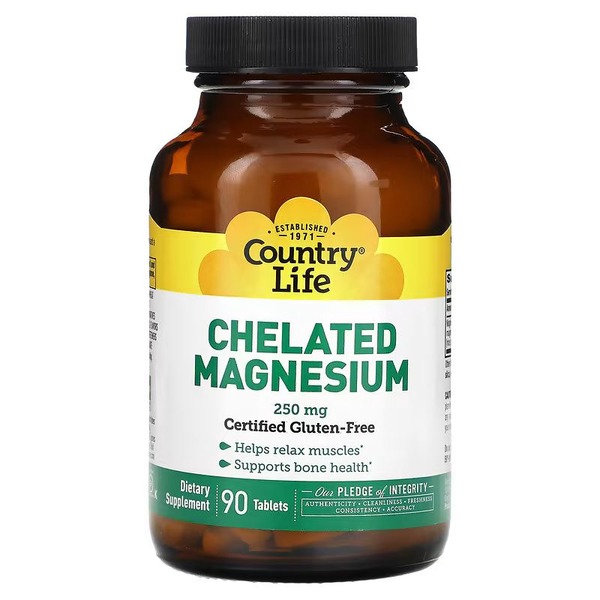 Магній у хелатній формі Country Life Chelated Magnesium 250 mg, 90 таблеток для розслаблення м'язів і здоров'я кісток