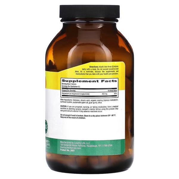 Гліцинат магнію Country Life Chelated Magnesium Glycinate 400 mg, 180 таблеток для підтримки серця та м'язів. Фото 2