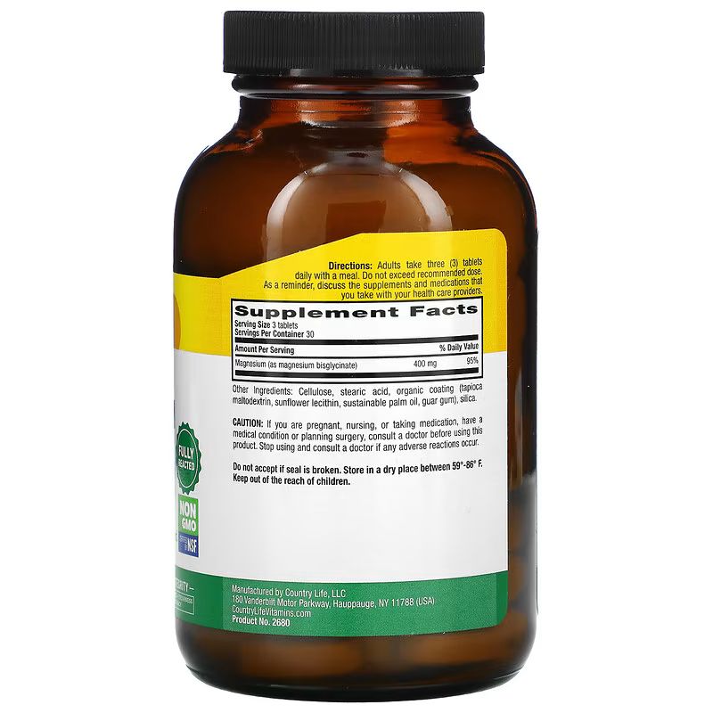 Глицинат магния Country Life Chelated Magnesium Glycinate 400 mg, 90 таблеток для поддержания сердца и мышц. Фото 2
