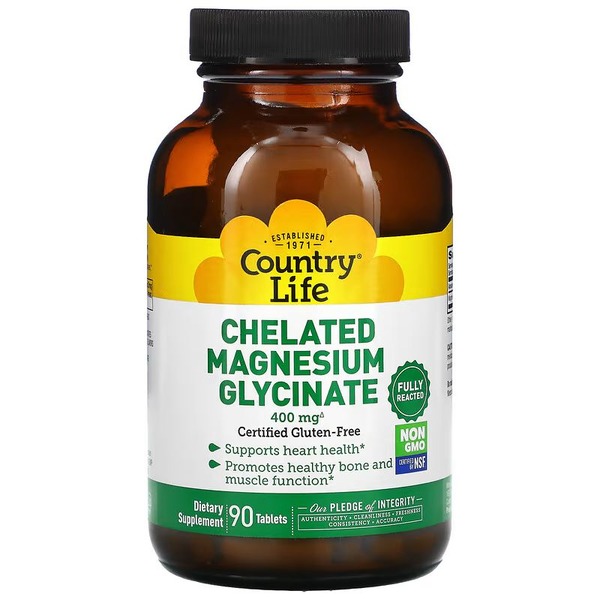 Глицинат магния Country Life Chelated Magnesium Glycinate 400 mg, 90 таблеток для поддержания сердца и мышц