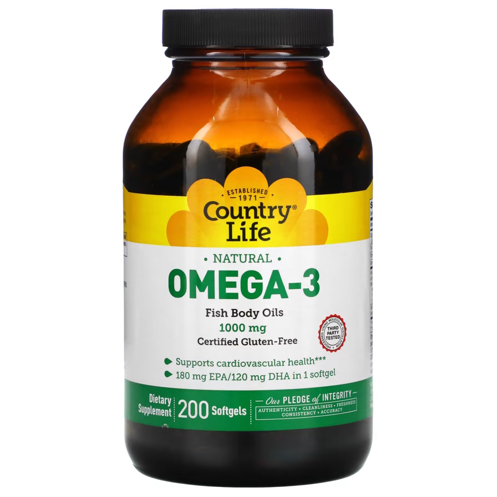 Натуральная Омега 3 Country Life Omega-3 1000 mg Natural, 200 капсул