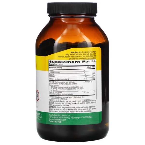 Натуральная Омега 3 Country Life Omega-3 1000 mg Natural, 200 капсул. Фото 2