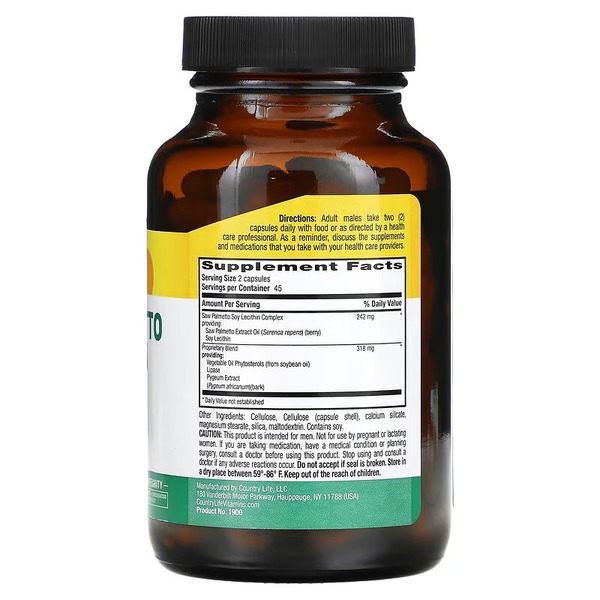Екстракт пальмето та пигеуму Country Life Saw Palmetto and Pygeum Extract, 90 вегакапсул для підтримки  простати. Фото 2
