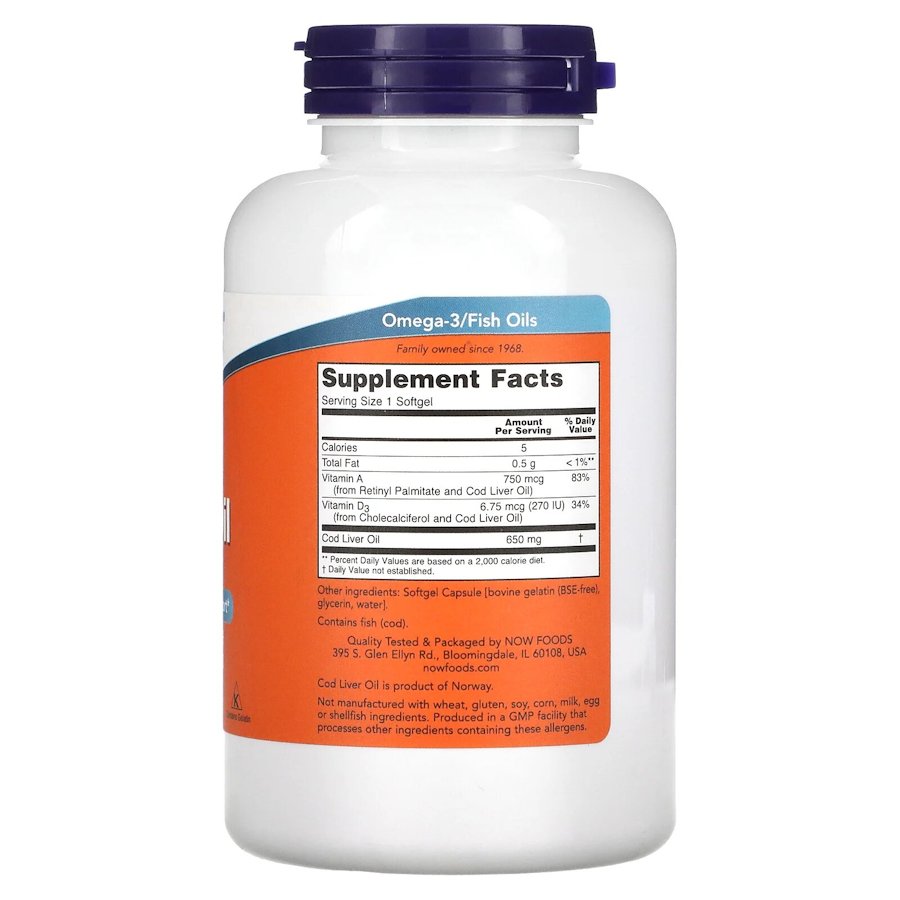 Масло з печінки тріски NOW Cod Liver Oil 650 mg, 250 капсул. Фото 2