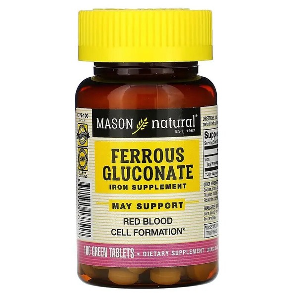 Глюконат железа Mason Natural Ferrous Gluconate, 100 таблеток для поддержки образования эритроцитов