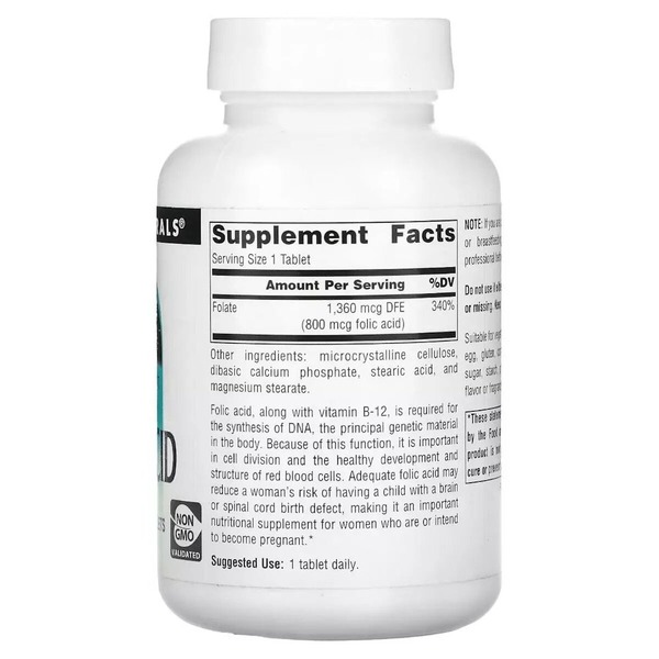 Вітамін В9 Source Naturals Folic Acid 800 mcg, 200 таблеток. Фото 2