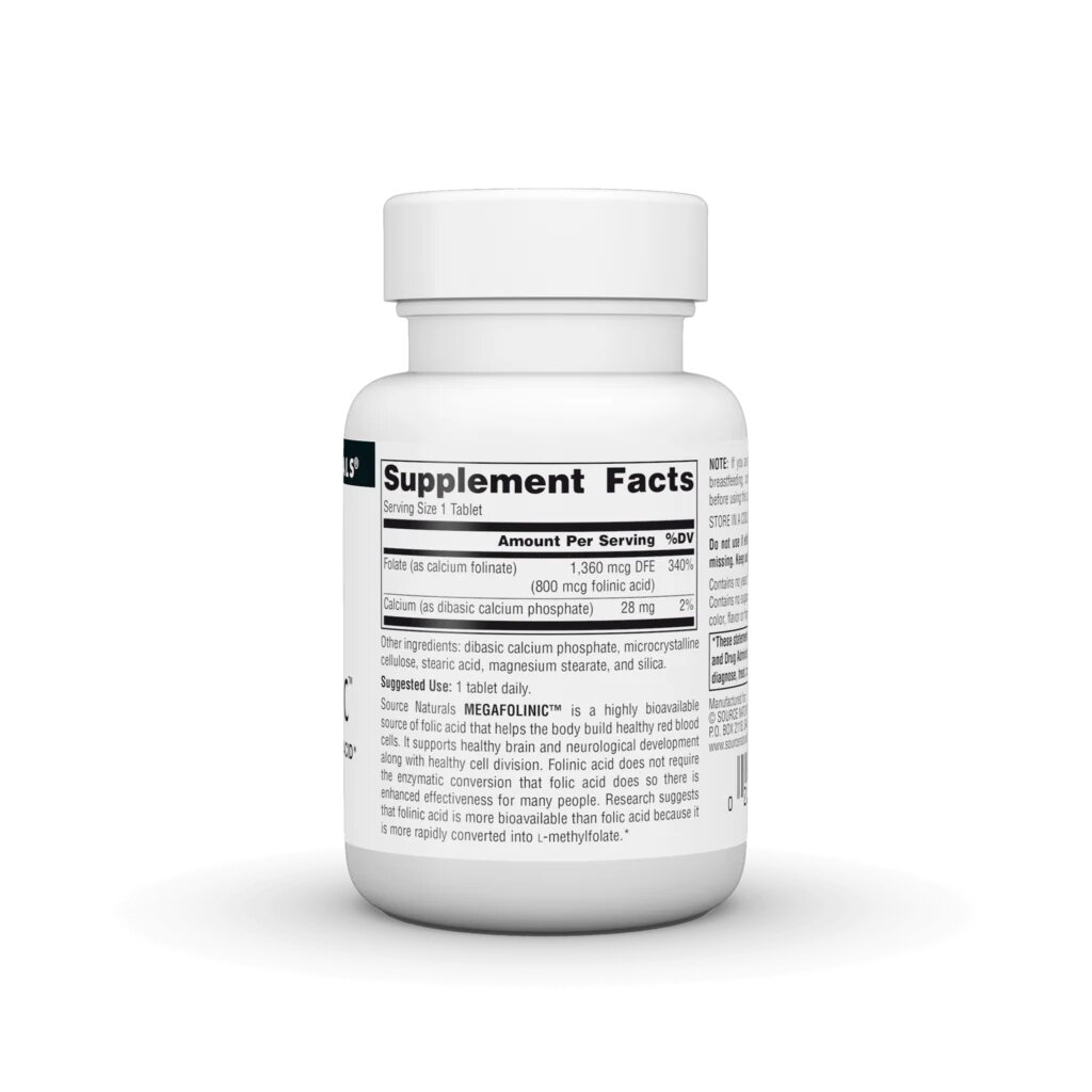 Біоактивна фоліева кіслота Source Naturals MegaFolinic 800 mg, 60 таблеток. Фото 2