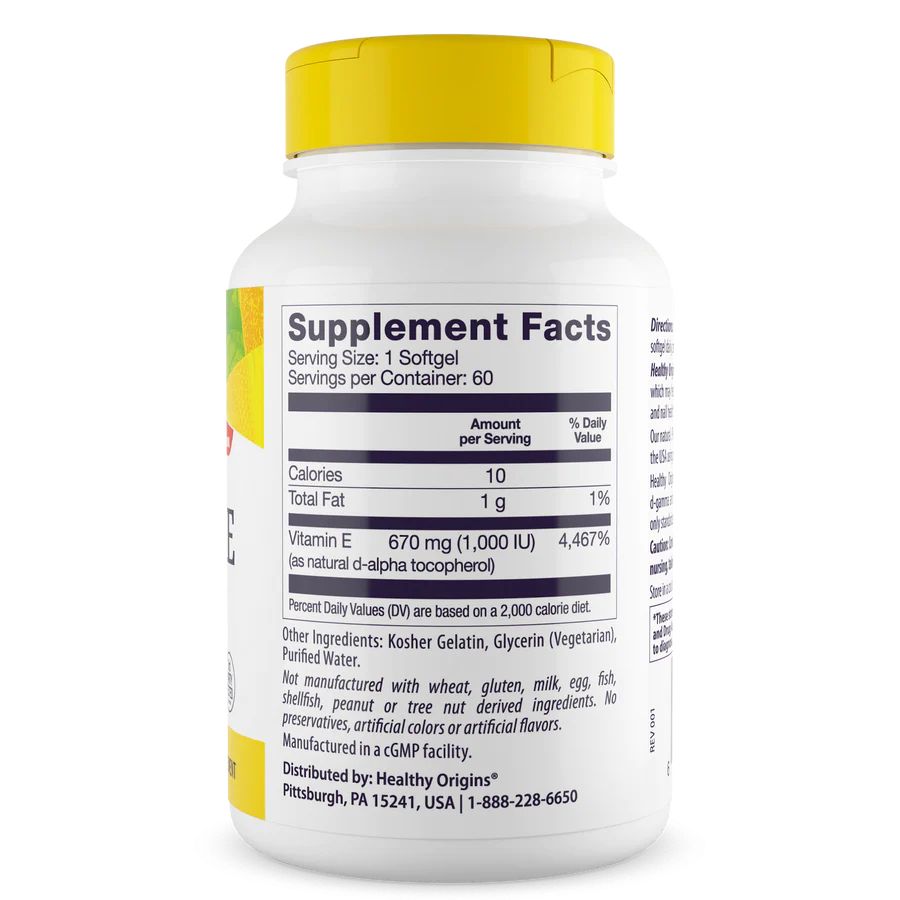 Вітамін Е Healthy Origins Vitamin E 1000 IU, 60 капсул для підтримки шкіри, волосся та нігтів. Фото 2