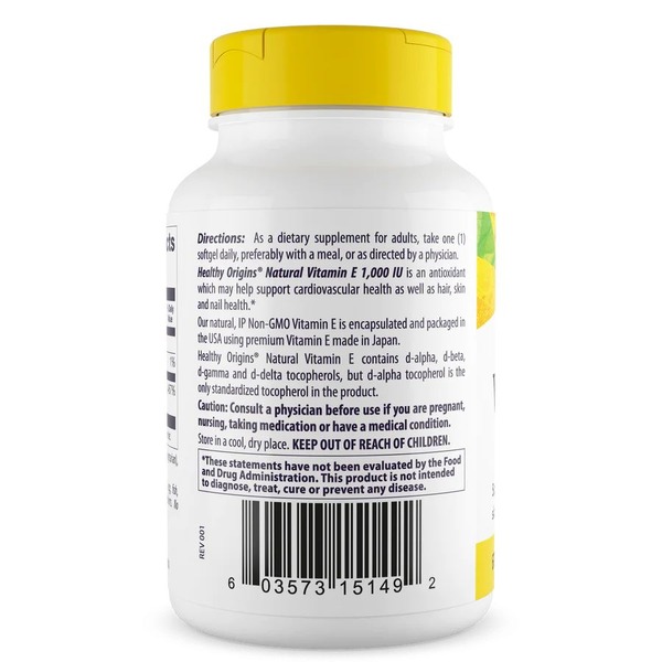 Вітамін Е Healthy Origins Vitamin E 1000 IU, 60 капсул для підтримки шкіри, волосся та нігтів. Фото 3