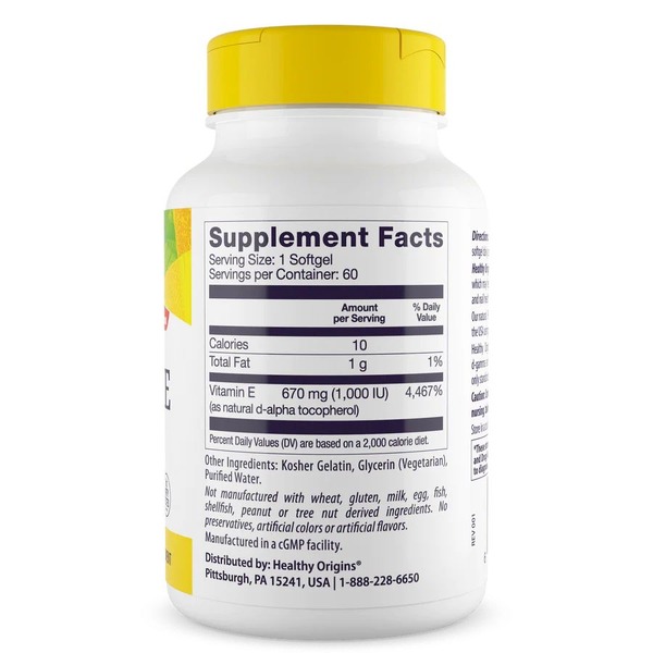 Вітамін Е Healthy Origins Vitamin E 1000 IU, 60 капсул для підтримки шкіри, волосся та нігтів. Фото 2