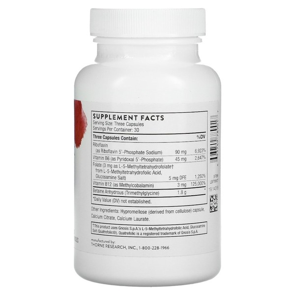 Вітаміни В2, 6, 9 та 12 Thorne Methyl-Guard Plus, 90 капсул для підтримки серця мозку та кісток. Фото 2