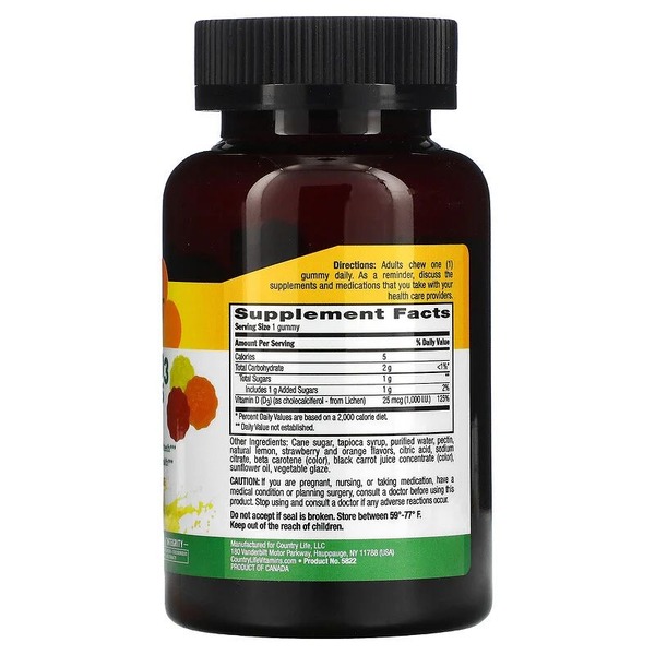 Витамин D3 Country Life Vitamin D3 1000 IU, 60 желеек для поддержки костей и зубов. Фото 2