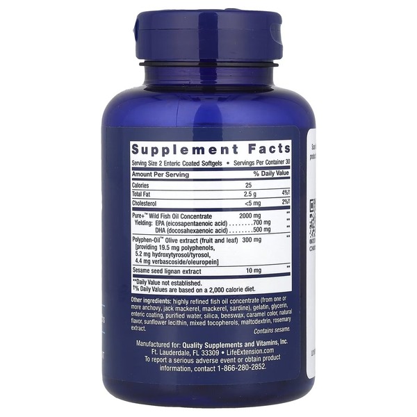 Омега-3 Life Extension Super Omega-3 Enteric Coated, 60 капсул для підтримки серця иа суглобів. Фото 2