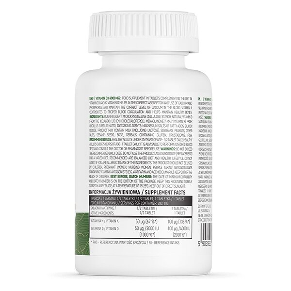 Вітамін D3 та К2 OstroVit Vege Vitamin D3 4000 +K2, 100 таблеток для підтримки кісток. Фото 2