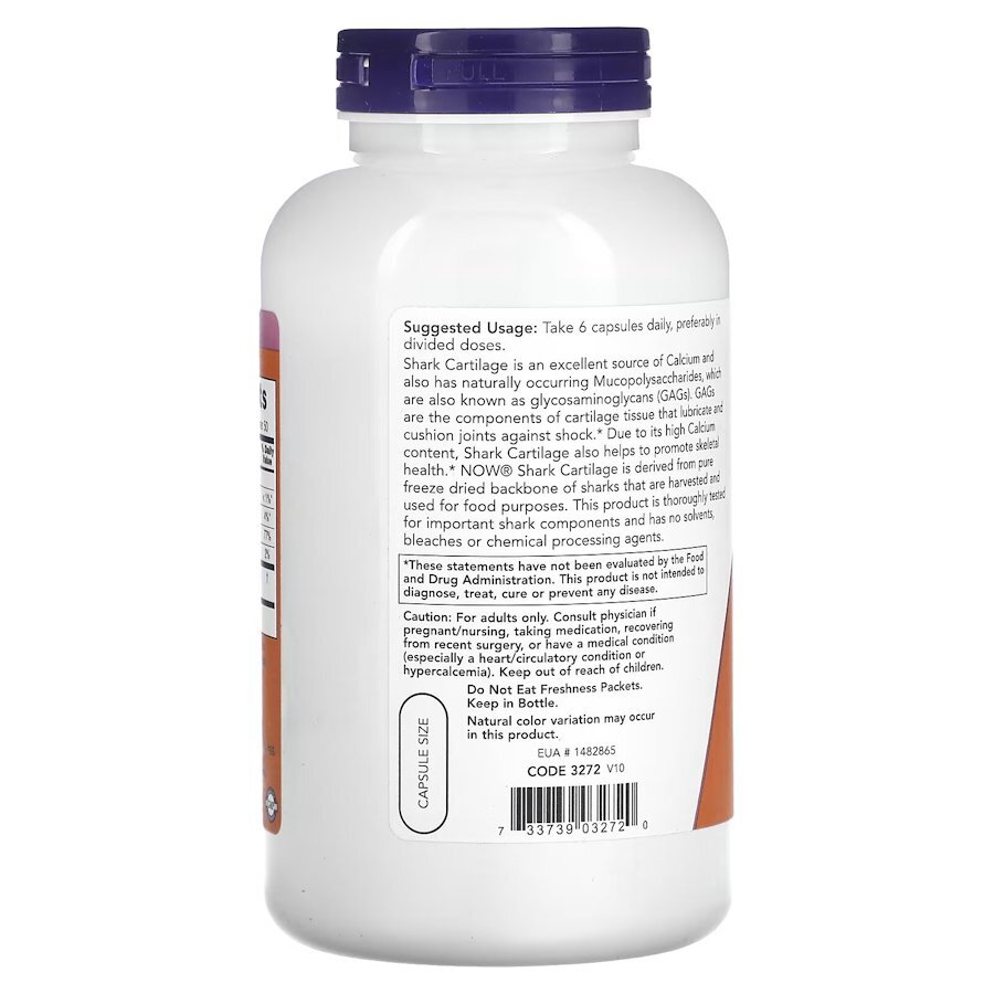 Акулий хрящ NOW Shark Cartilage 750 mg, 300 капсул для поддержки костей и суставов. Фото 3