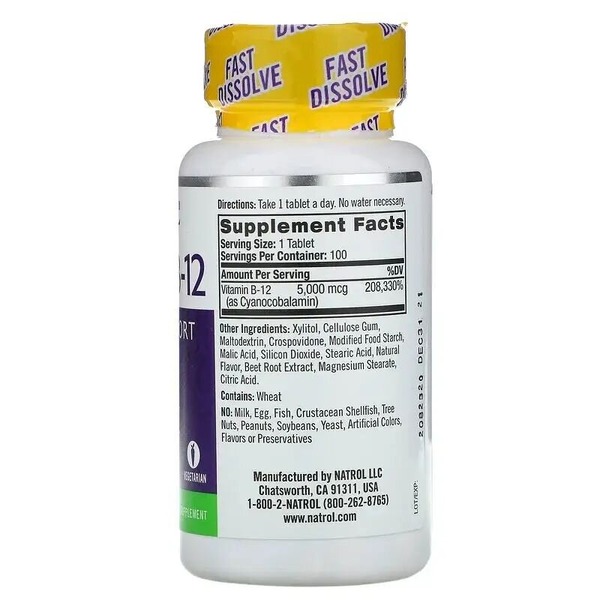 Швидкорозчинний вітамін B12 Natrol Vitamin B-12 5000 mcg, 100 таблеток. Фото 2