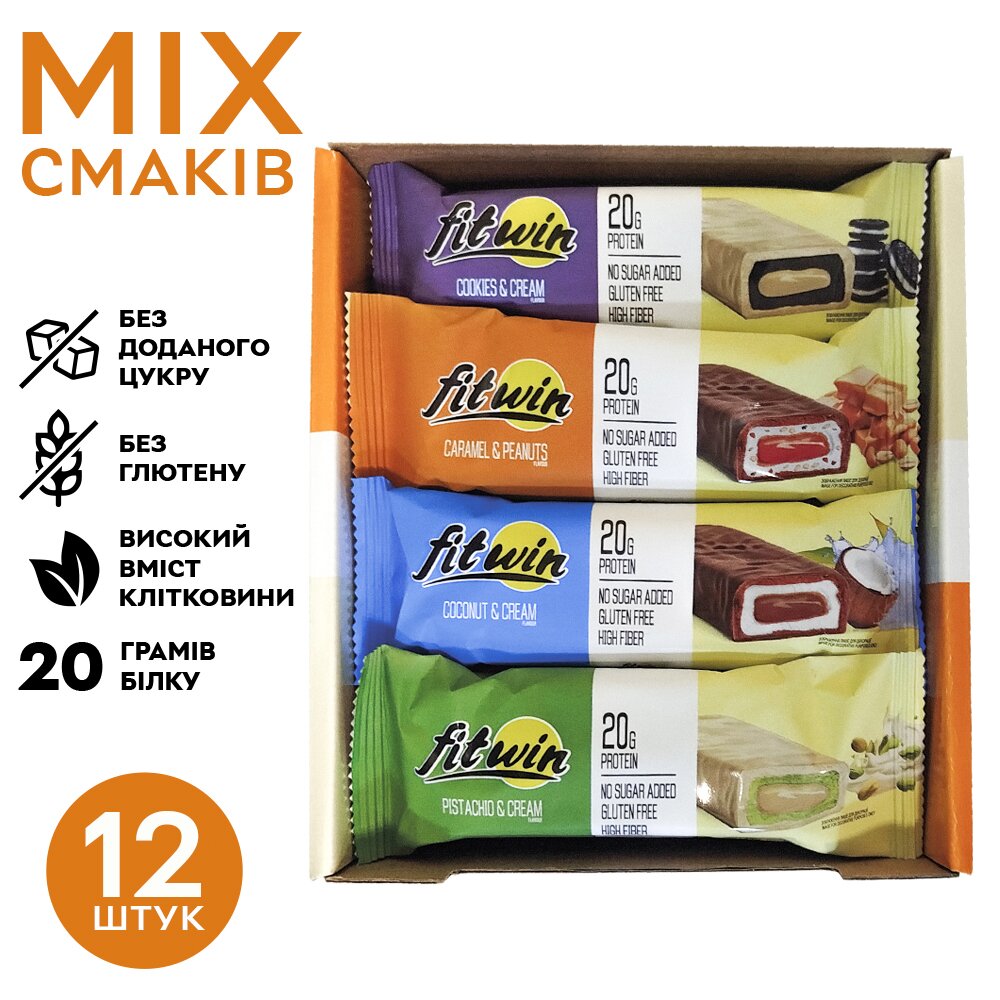 Блок батончиков FitWin Protein Bar 33% MIX, 12x60 грамм