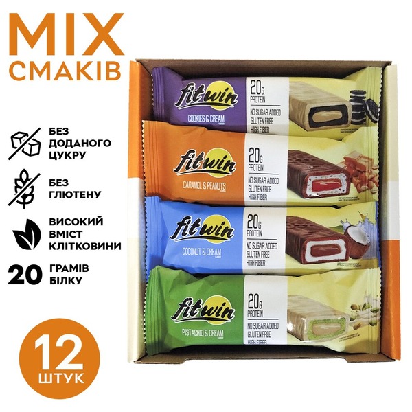 Блок батончиків FitWin Protein Bar 33% MIX, 12x60 грам