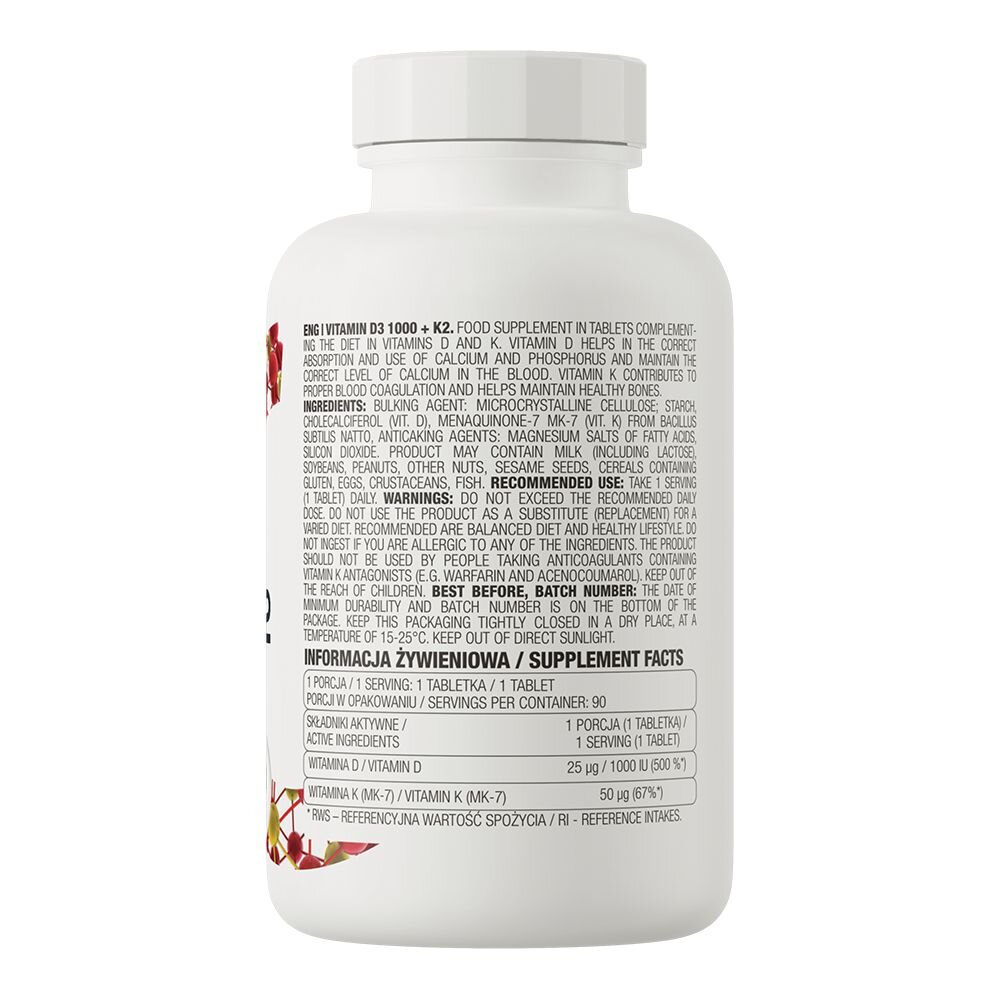 Вітаміни та мінерали OstroVit Vitamin D3 1000 + K2, 90 таблеток. Фото 2