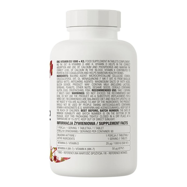 Вітаміни та мінерали OstroVit Vitamin D3 1000 + K2, 90 таблеток. Фото 2
