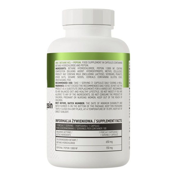 Натуральна добавка OstroVit Betaine HCl + Pepsin, 100 капсул. Фото 2