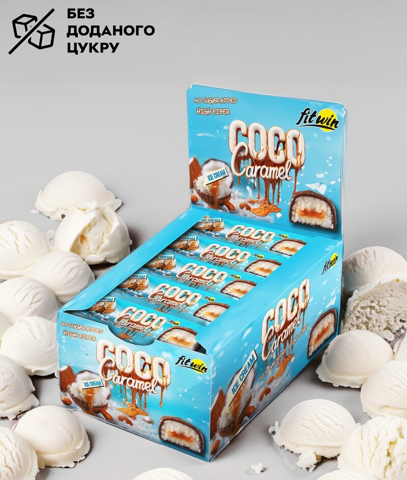 Кокосово-карамельный батончик FitWin Coco Caramel No Sugar Added, 20*40 грамм. Фото 3